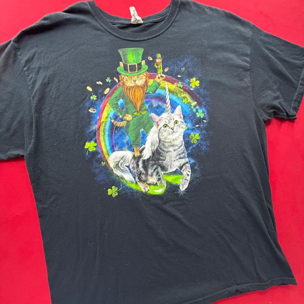 Mens Leprechaun Cat‎ Riding Caticorn St Patricks Day Graphic T-Shirt Black XL